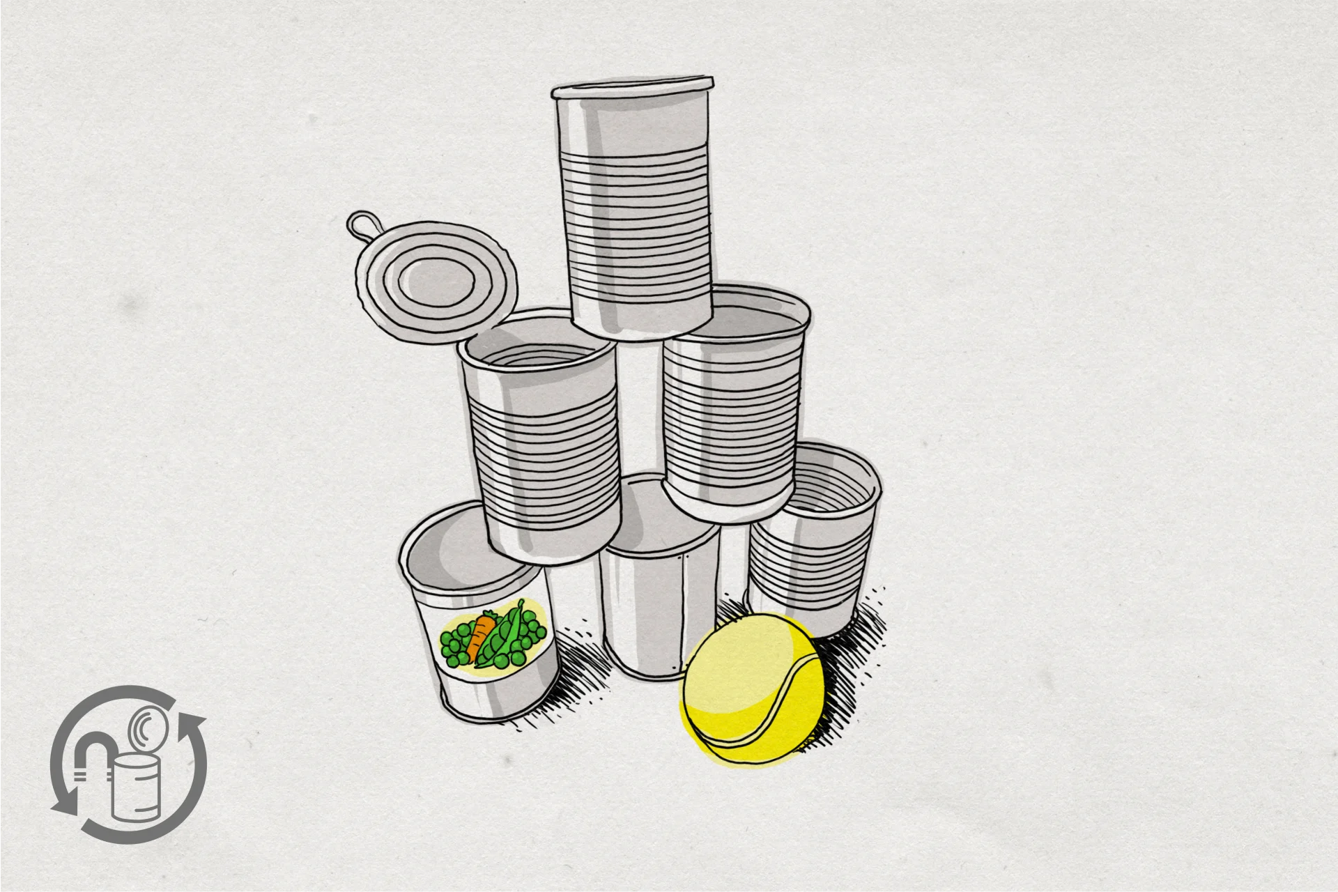 Illustrazione di una pallina da tennis gialla accanto a una pila di lattine di conserva vuote.