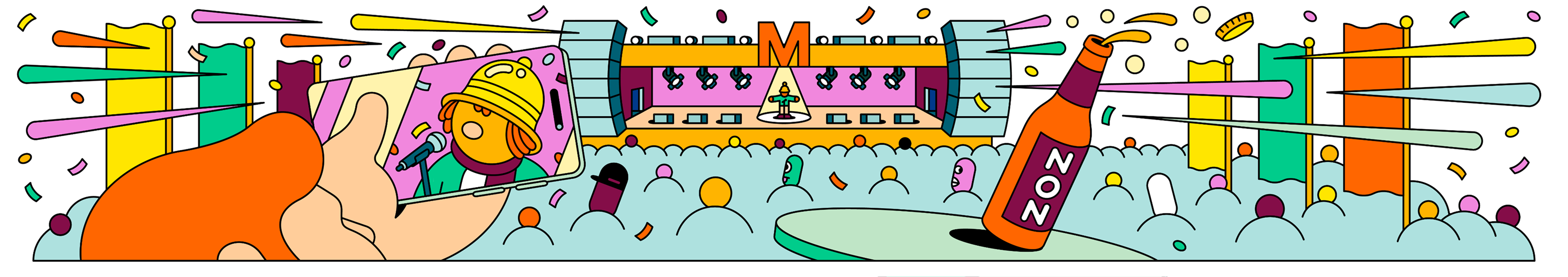 A colourful illustration of a major Migros event. In the foreground the non-beer, on stage the elf Finn.