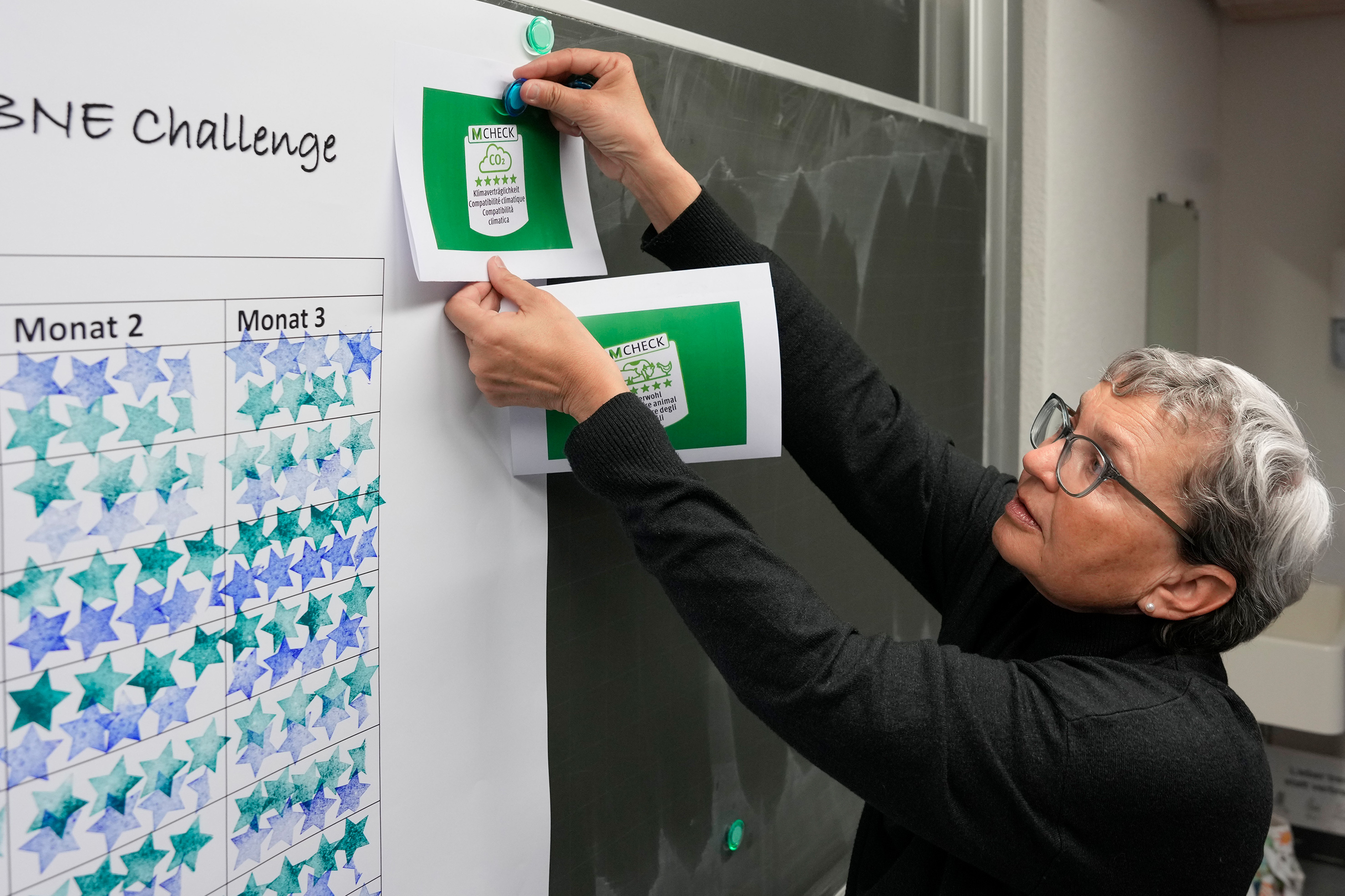 Teacher Elvira Schoch hangs up a poster with the star ratings.