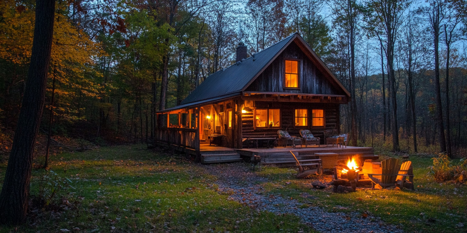 A cozy cabin in the woods with warm lighting and an open fire pit, perfect for crisp fall nights.