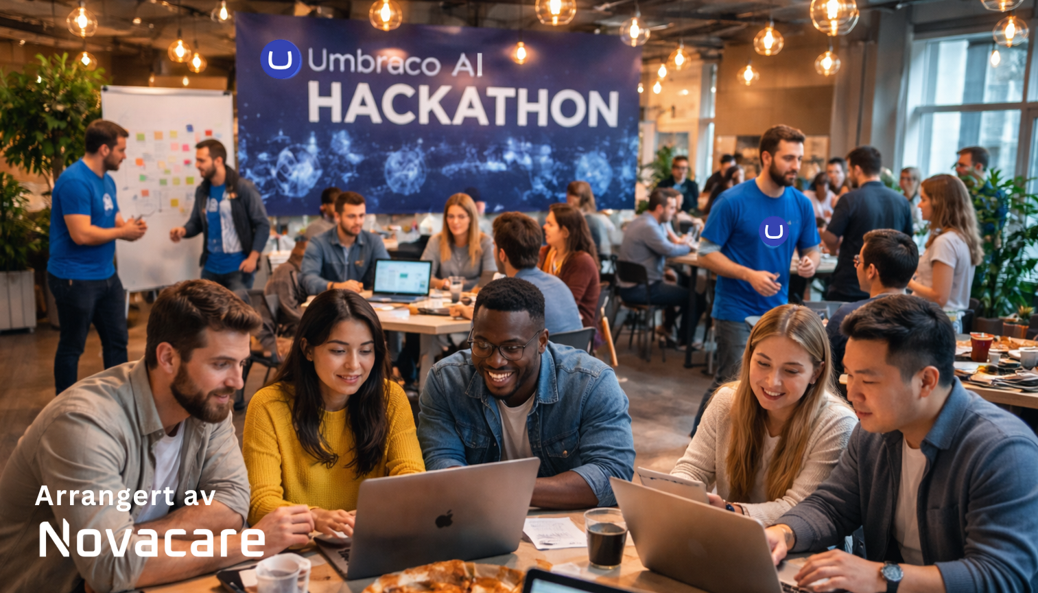utviklere sitter rundt bord og samarbeider på umbraco AI hackathon