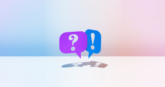 Question  mark in a purple speech bubble next to an exclamation point in a blue speech bubble