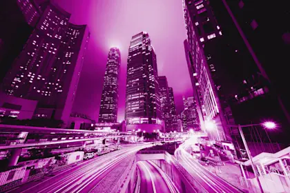 Purple photo of a highway in downtown Hong Kong