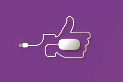 White mouse cord forming thumbs up sign on purple background