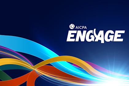 AICPA Engage logo in white text on dark blue background with colorful flowing ribbons in blue, gold, orange, and pink.