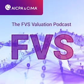 AICPA and CIMA logo with large purple FVS letters over digital network background for The FVS Valuation Podcast.