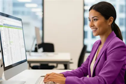A woman with brown hair swept into a low ponytail sits behind a computer. She has a spreadsheet pulled up onto the screen and she’s wearing a gray blazer over a cream-colored blouse.