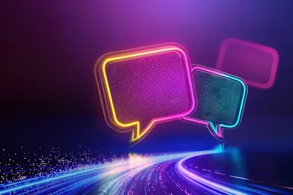 Three neon speech bubbles in pink, yellow, and cyan glow against a purple background with light trails below.