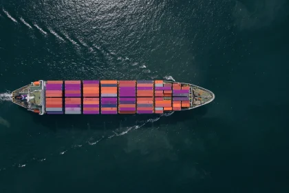 Looking down on a ship transporting cargo containers