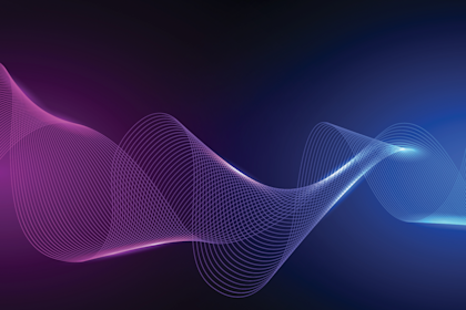Abstract flowing waves in purple and blue gradient with glowing wireframe mesh pattern on dark background.