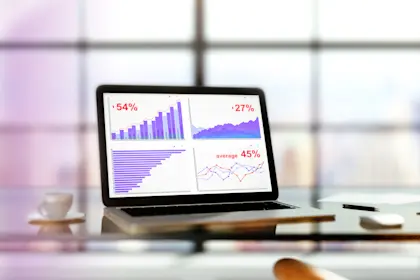 
Laptop with financial statistics on a glass table with cup