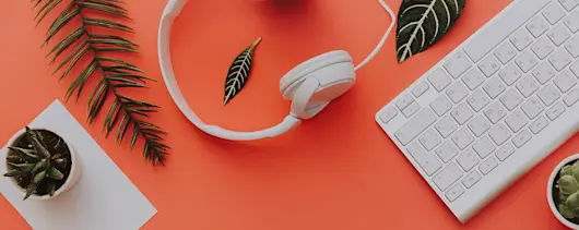 Overhead view of headphones, keyboard and various plants