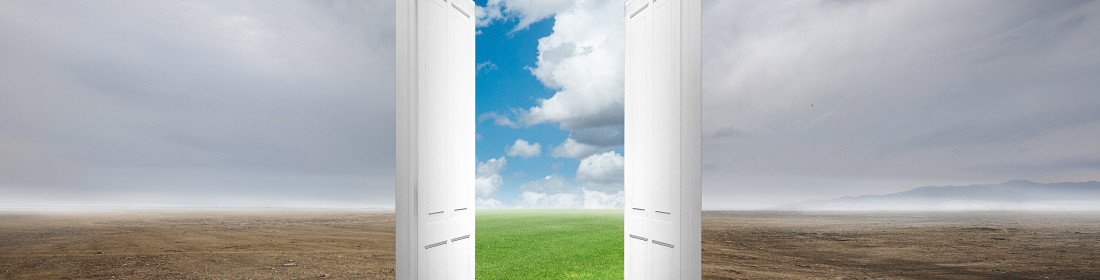 Illustration of a door in the middle of a field on a cloudy day opened to a clear sky
