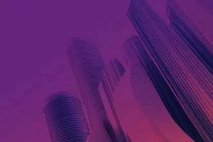 Abstract purple and pink gradient background with curved geometric shapes and horizontal line patterns creating depth.