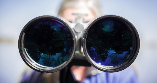 Person looking through a pair of binoculars