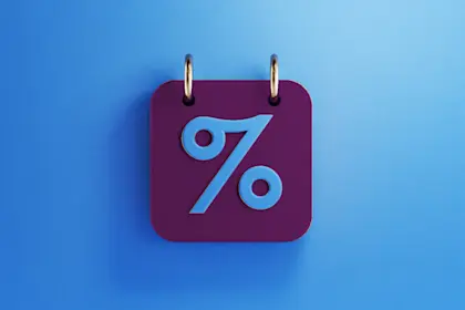Purple Calendar with Blue Percentage Sign on Blue Background