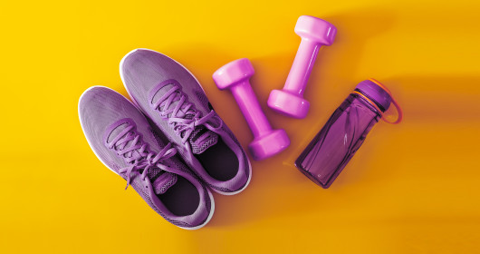 Shoes with dumbbell and water bottle