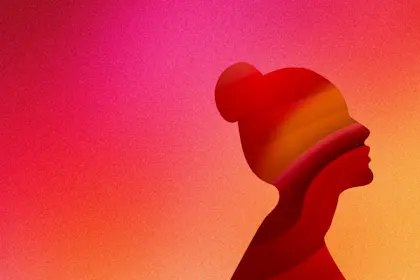 Silhouette of a woman's profile in red and orange tones against a vibrant pink to orange gradient background.