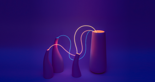 Neon cable wired vases on dark purple background