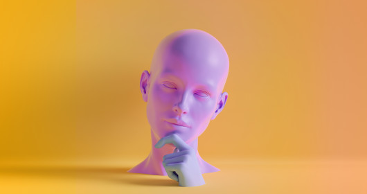 Purple mannequin head in thoughtful pose with index finger curled under chin