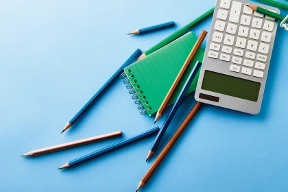 Pencils, calculator and notebook on table