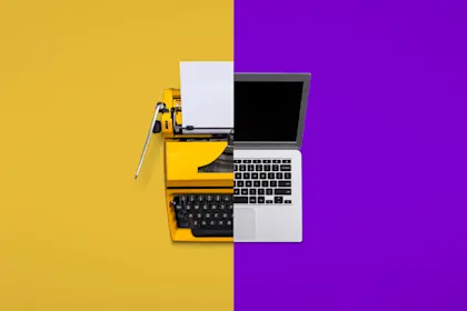 split screen of laptop and typewriter