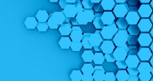 Blue hexagon six-sided polygon symbols on blue background 