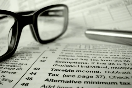 A pen and eyeglasses sitting on top of a tax form