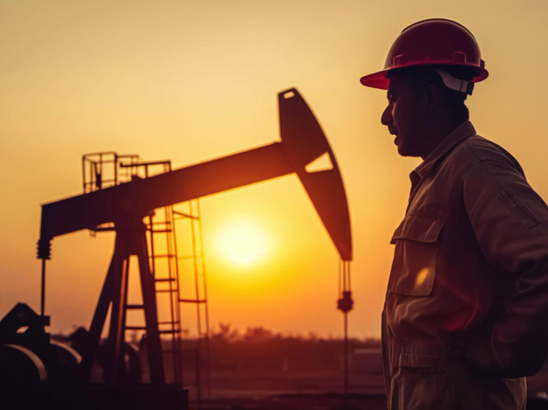 Worker and oil rig in sunset created with generative ai technology