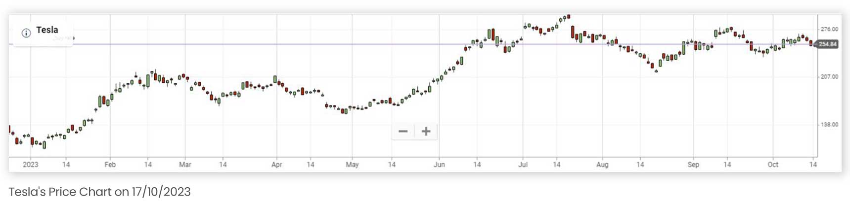TESLA PRICE CHART SINCE THE BEGINNING OF 2023 UP TILL 17102023