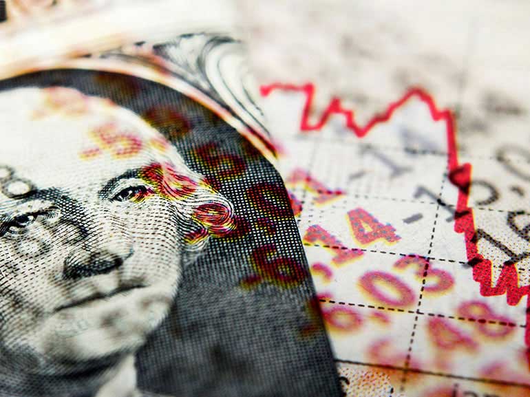 Dólar estadounidense sobre un gráfico descendente y fondo de números