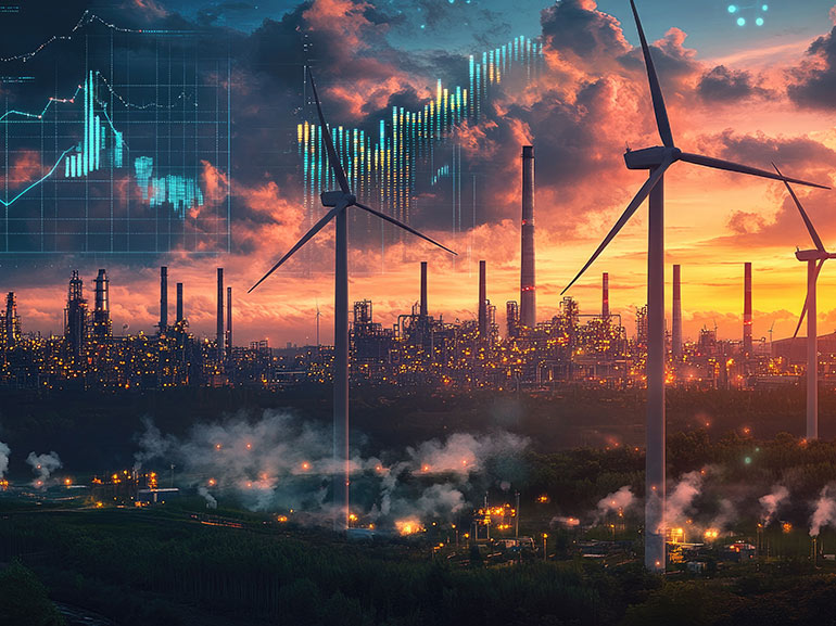 Wind turbines agains a city backdrop and virtual charts