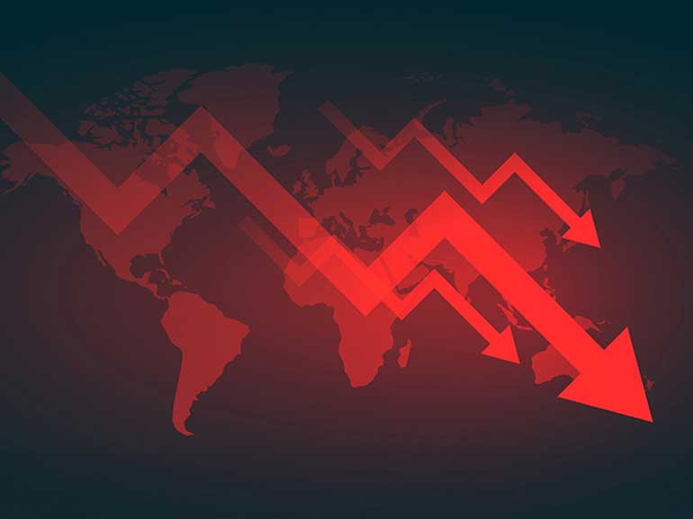 gráficos de caída de los mercados sobre un fondo de mapamundi