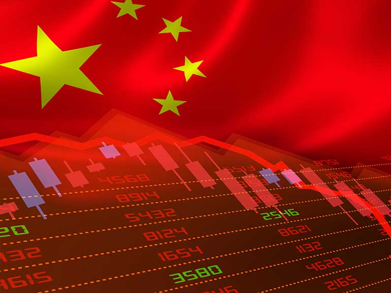 An image of China's flag on which charts appear 