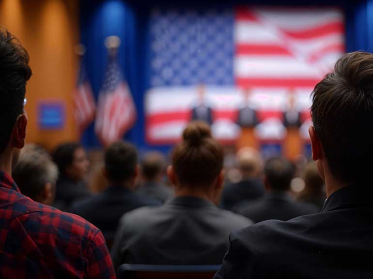 Gipfelpublikum beobachtet eine unscharfe Präsentation mit einer großen US-Flagge