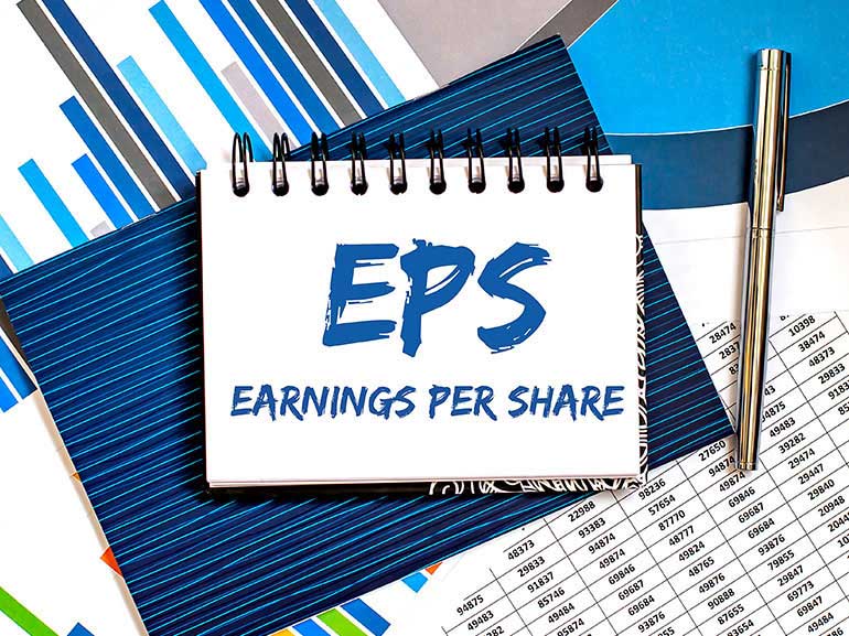 EPS written on a notebook with a background of graphs and financial data