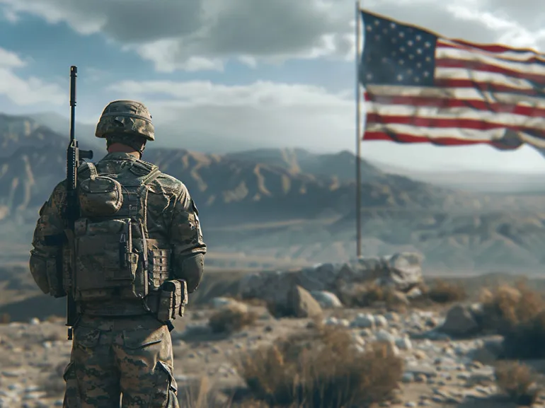 Soldier standing in a desert with an American flag waving in the background