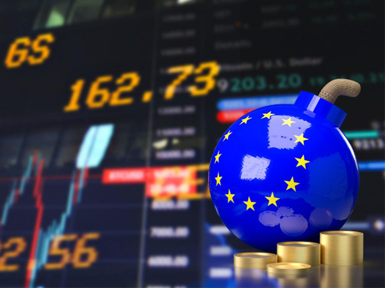 EU flag on a bomb with a financial chart in the background