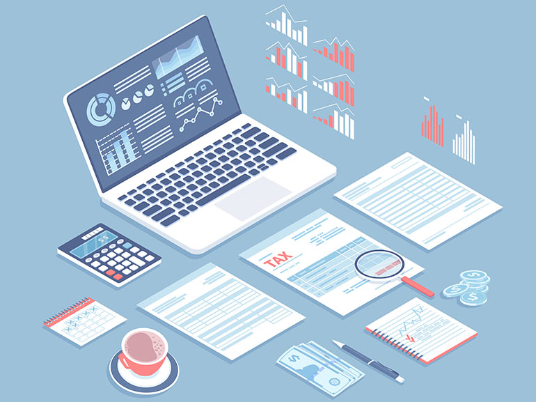 An illustration of economic charts, data, and a calendar 