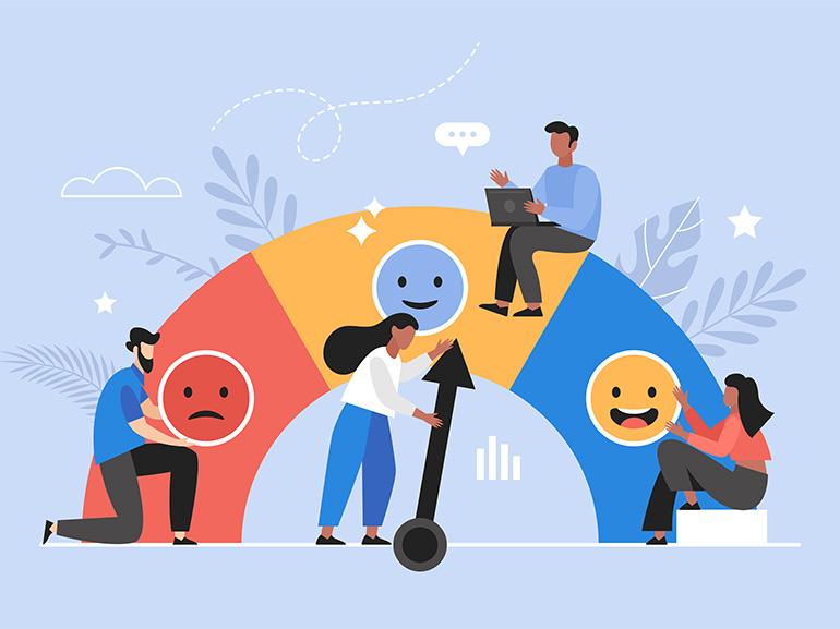 فريق يعمل على مقياس رضا العملاء بأيقونات المشاعر