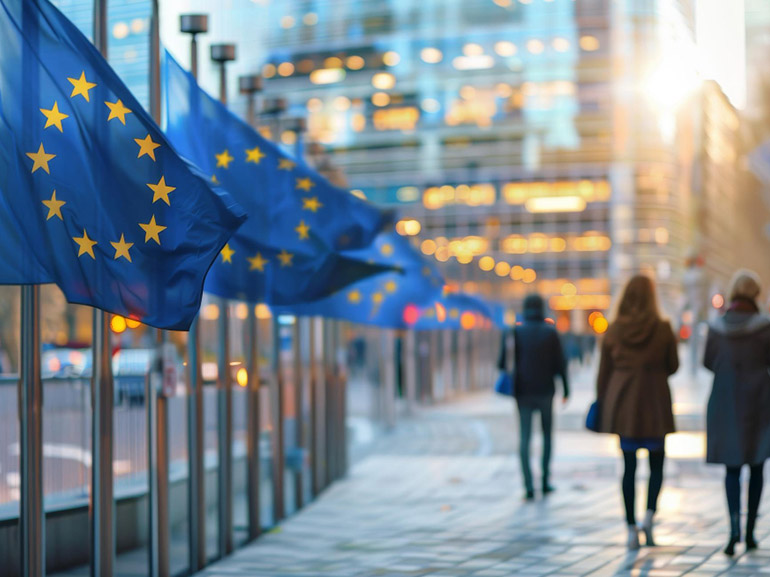 EU Flags Outside Modern Building at Sunset