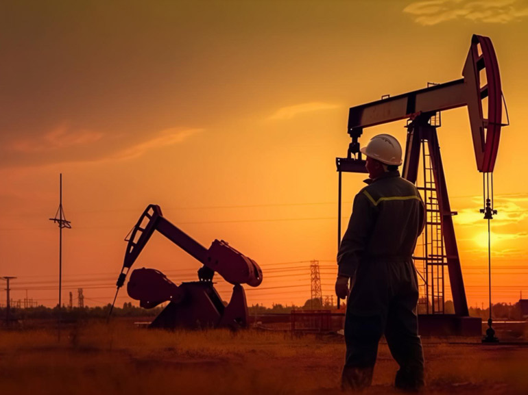 An image of oil drills and an oil field worker