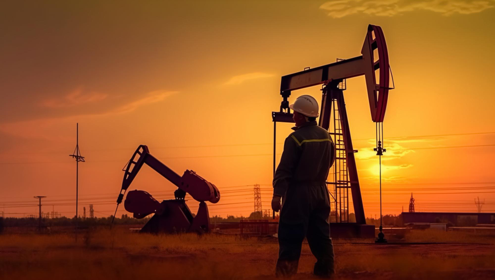 Una imagen de taladros petrolíferos y un trabajador de un campo petrolífero