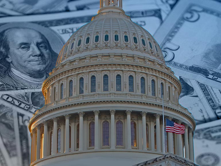 An Image of the US Congress with a US flag and US dollars in the background