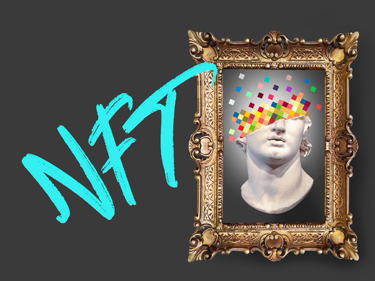 NFT written in a stylized font overlaying a classical bust in an ornate frame