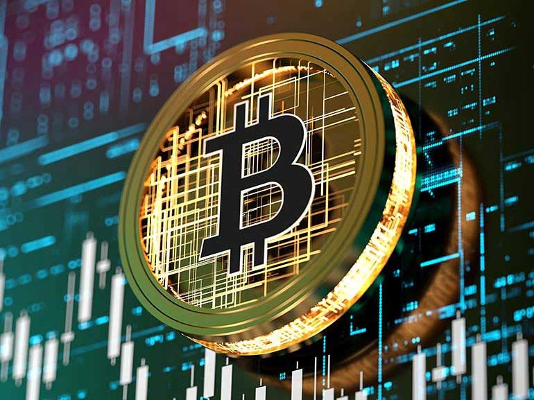 علامة عملة البيتكوين على خلفية الرسوم البيانية
