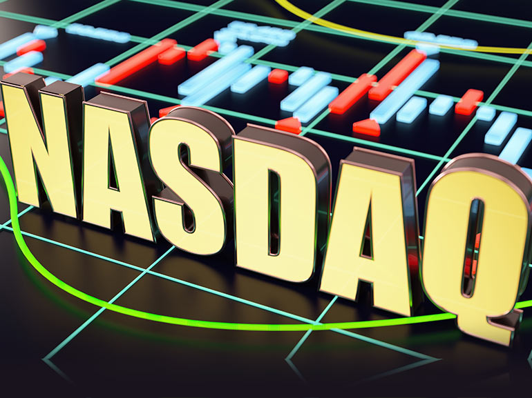 The word NASDAQ written with a trading charts background