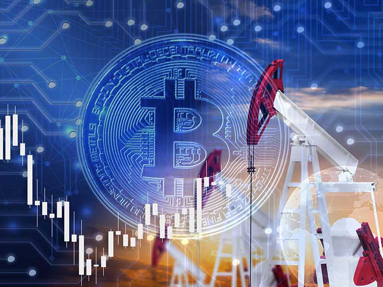 Pumpjacks y un gráfico financiero de fondo de una moneda Bitcoin