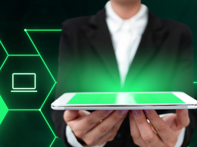 Businesswoman Holding Tablet on a grid background