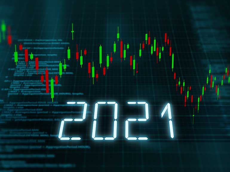Gráfico de velas sobre un fondo de datos y 2021